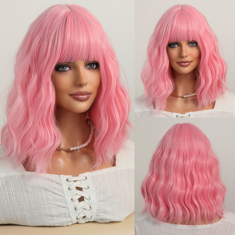 A synthetic wig featuring colorful short wavy hair and voluminous air bangs, ready to wear